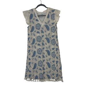 Women's Blue Paisley Lace Midi Dress with Ruffle Sleeves